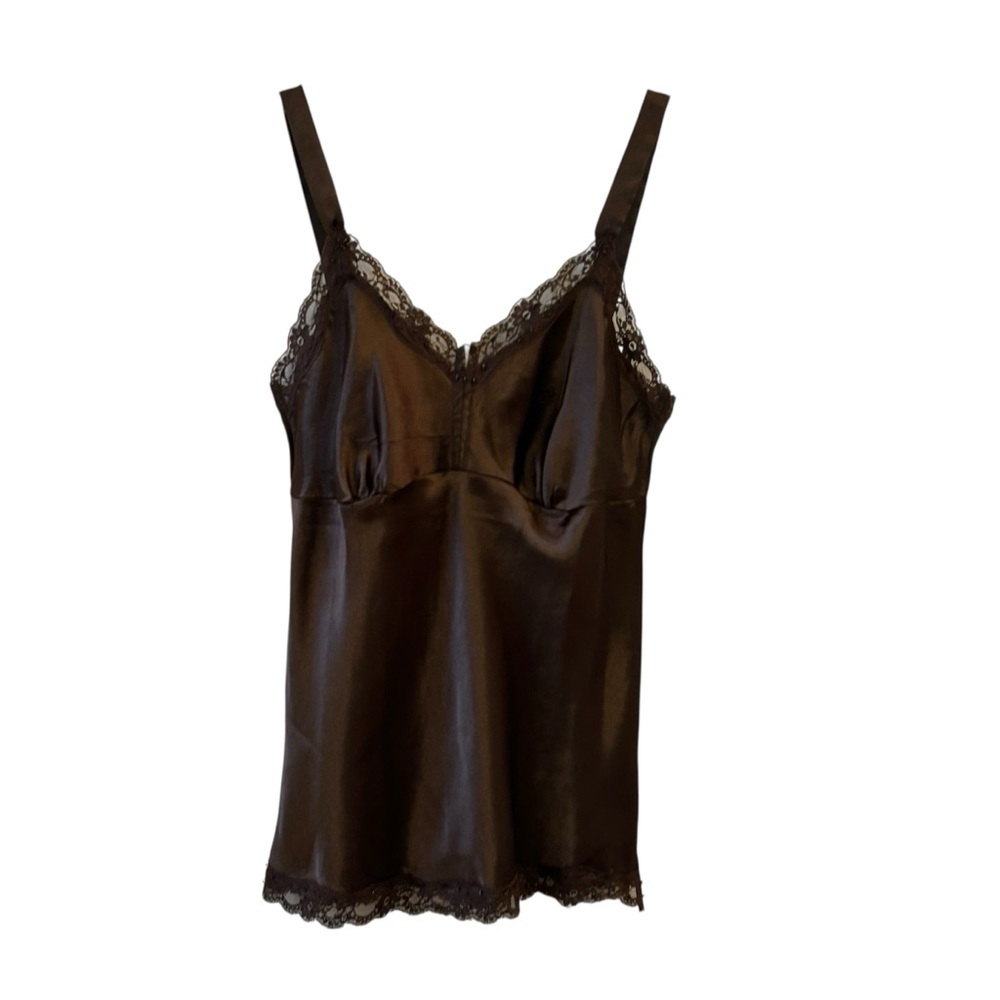 Y2K Brown Poly Satin Lace Trim Camisole Size Large
